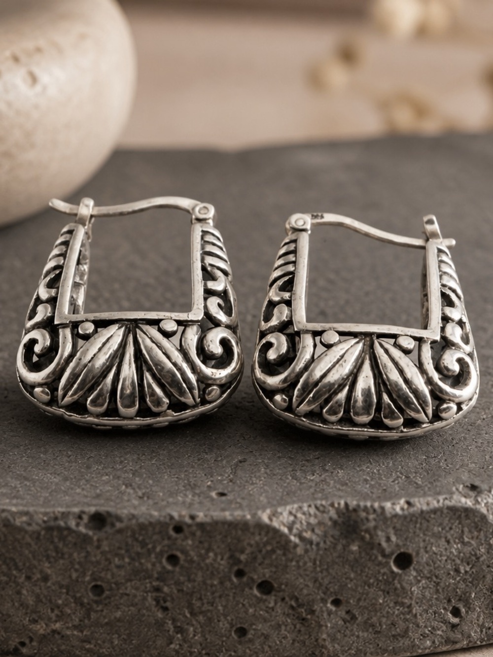 Sterling Silver Ornate Hoop Earrings